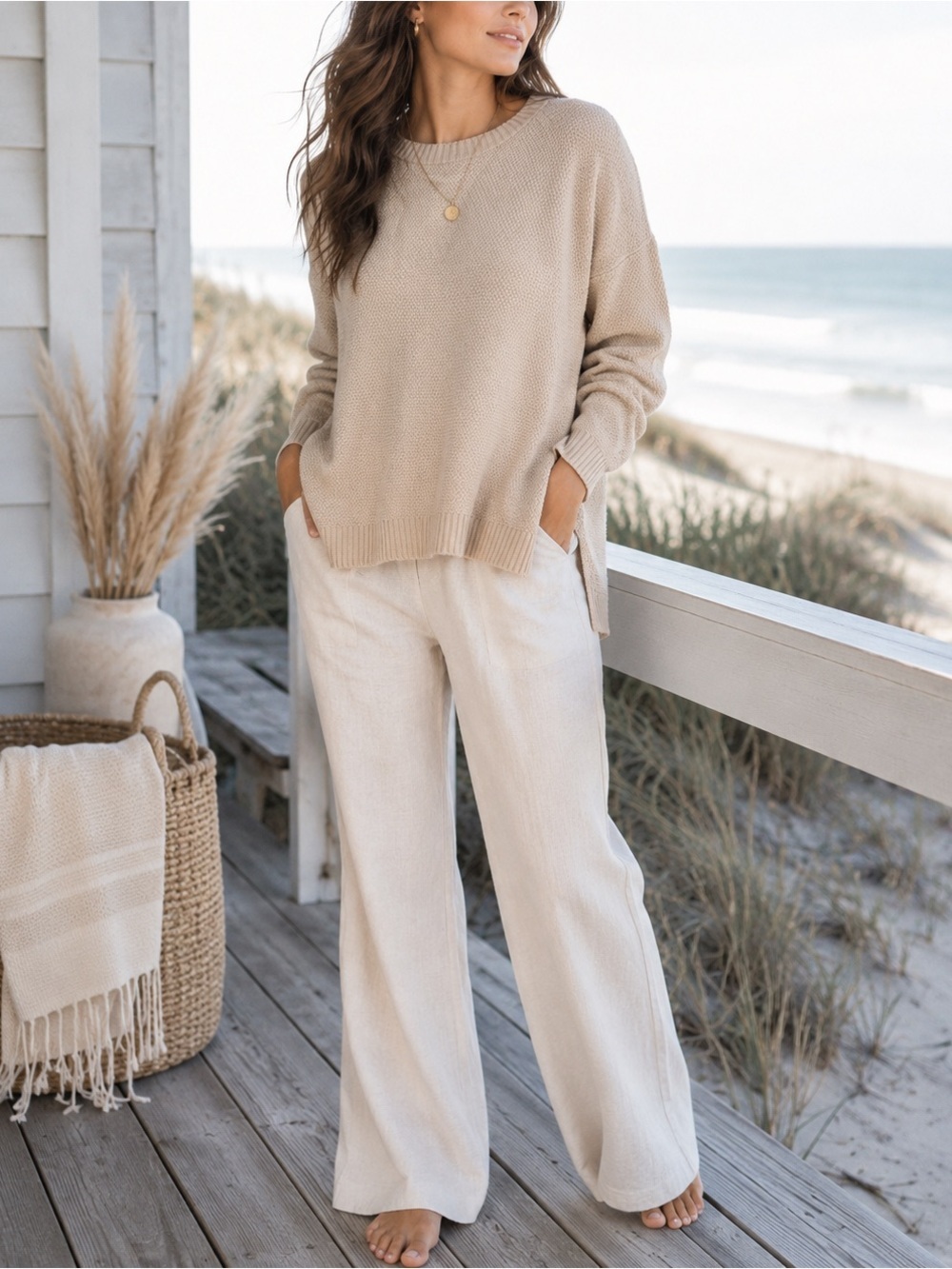 LEANI Beige Textured Knit Crew Neck Sweater XL Women’s Oversized Hi-Low Hem - Picture 2 of 9